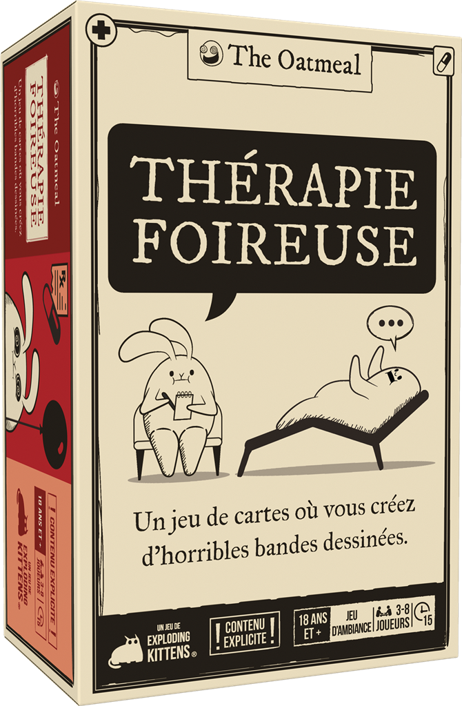 Boîte de Thérapie Foireuse en français, vue en perspective, avec deux lapins en séance de thérapie.