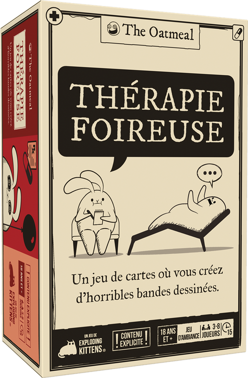 Boîte de Thérapie Foireuse en français, vue en perspective, avec deux lapins en séance de thérapie.