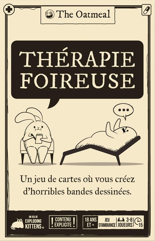 Face de la boîte Thérapie Foireuse en français, avec les mentions contenu explicite, 18 ans et plus et 3 à 8 joueurs.