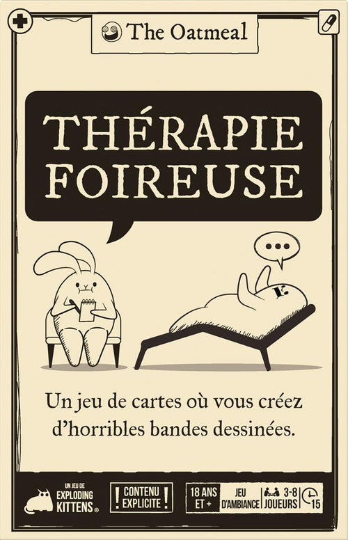 Face de la boîte Thérapie Foireuse en français, avec les mentions contenu explicite, 18 ans et plus et 3 à 8 joueurs.